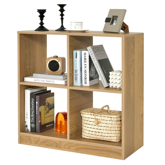 Costway Kids Toy Storage Organizer 4-Cube Wooden Display Bookcase with Anti-toppling Device Natural