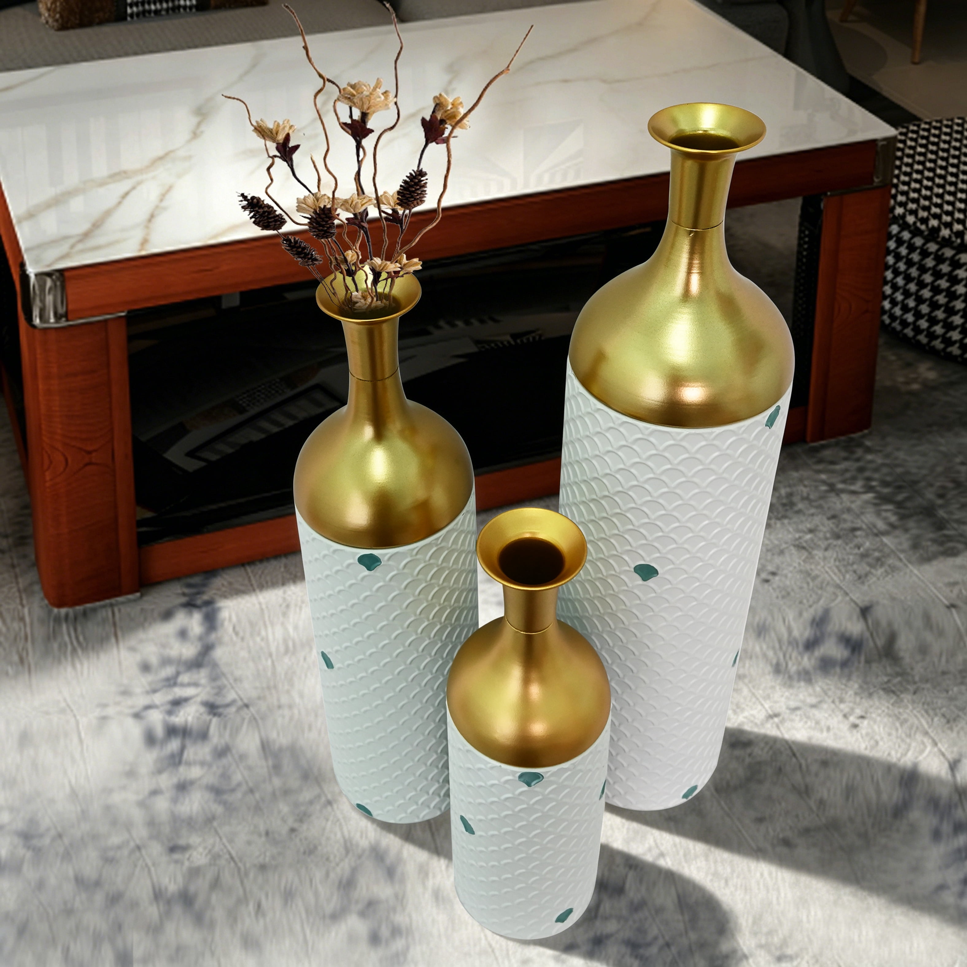Metal Floor Vases Set of 3 with Leaf Pattern, Tall Decorative Vases and Home Decor Accents for Living Room Entryway, White and Gold