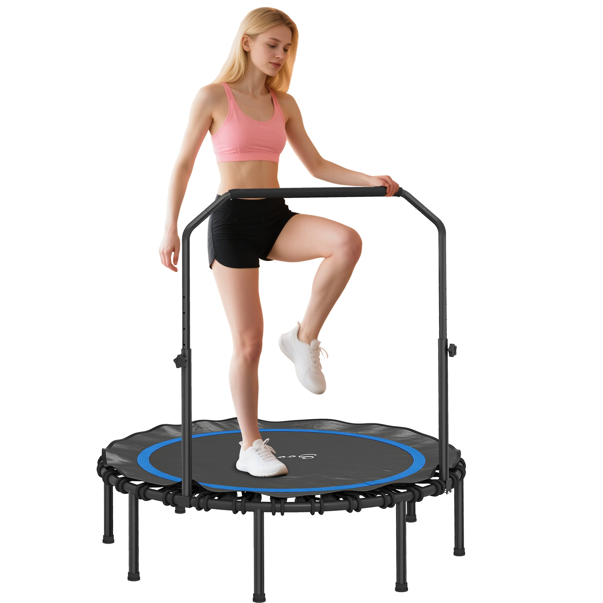 Soozier 48" Rebounder Trampoline for Adults, Foldable Mini Trampoline with Adjustable Handle Bar, Bungee Rebounder Jumping Cardio Trainer, Blue