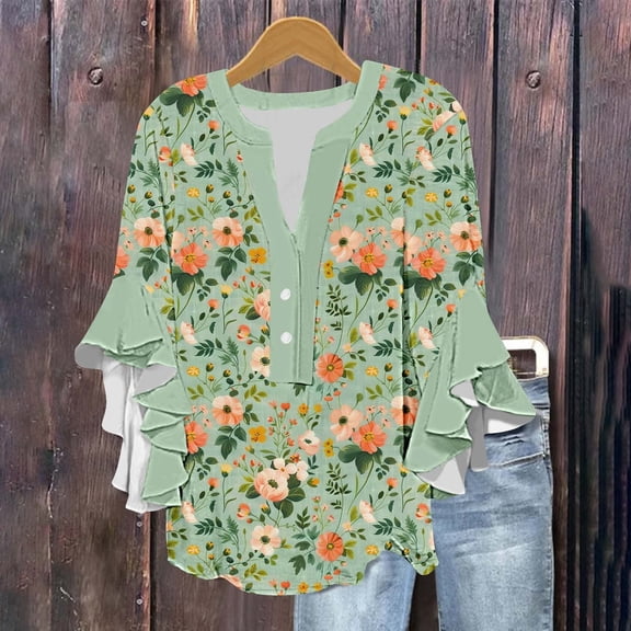 Babysbule Womens Ruffle 3/4 Sleeve Top Flowers Printing V-Neck Button Down Casual Loose Top for Spring Summer
