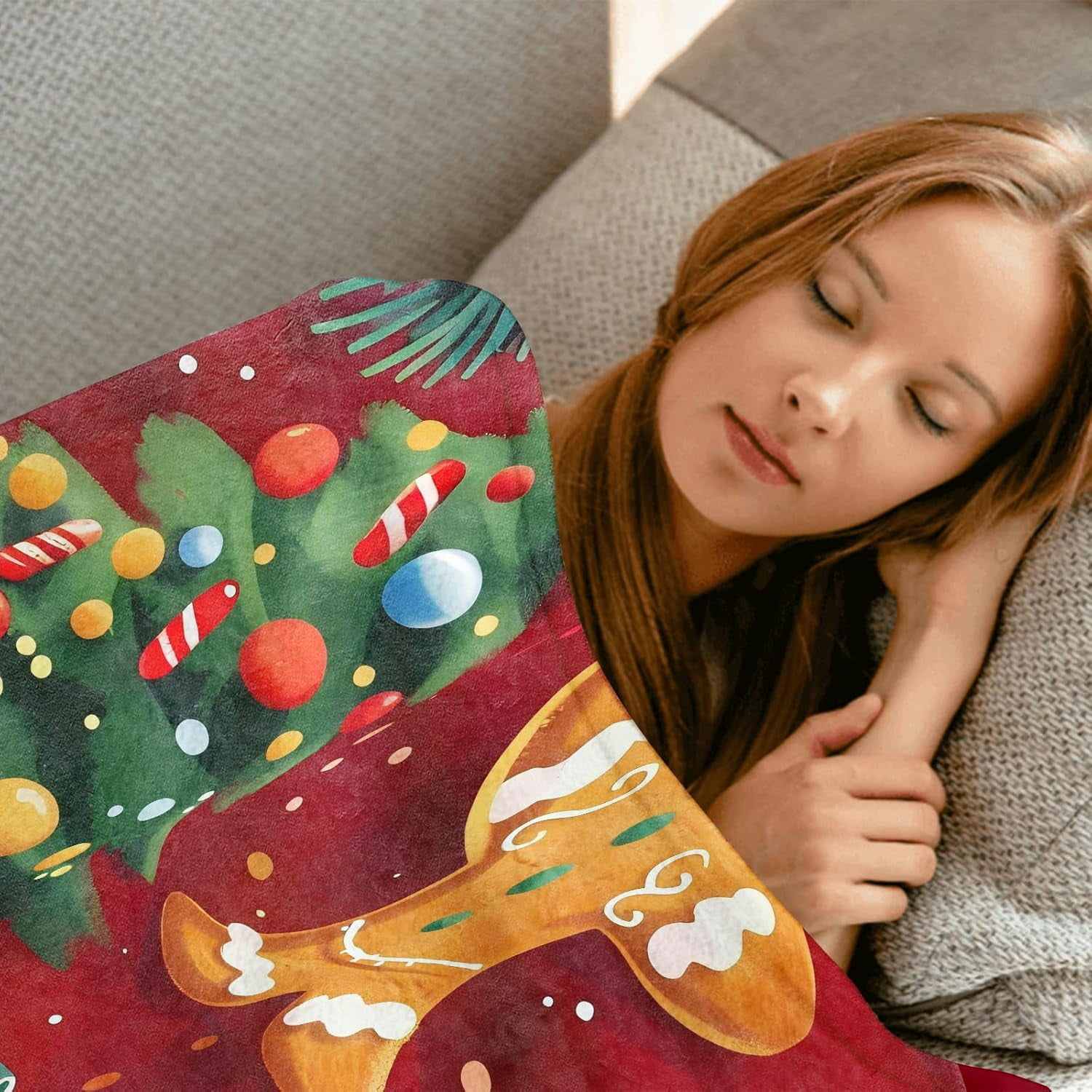 Playful Gingerbread Red Throw Blanket 60x80in, Soft Lightweight Flannel, Food Lantern Hat Pine Branch Candy Blankets - Gifts for Adult, for Couch Office Travel Home Living Room Christmas Decor