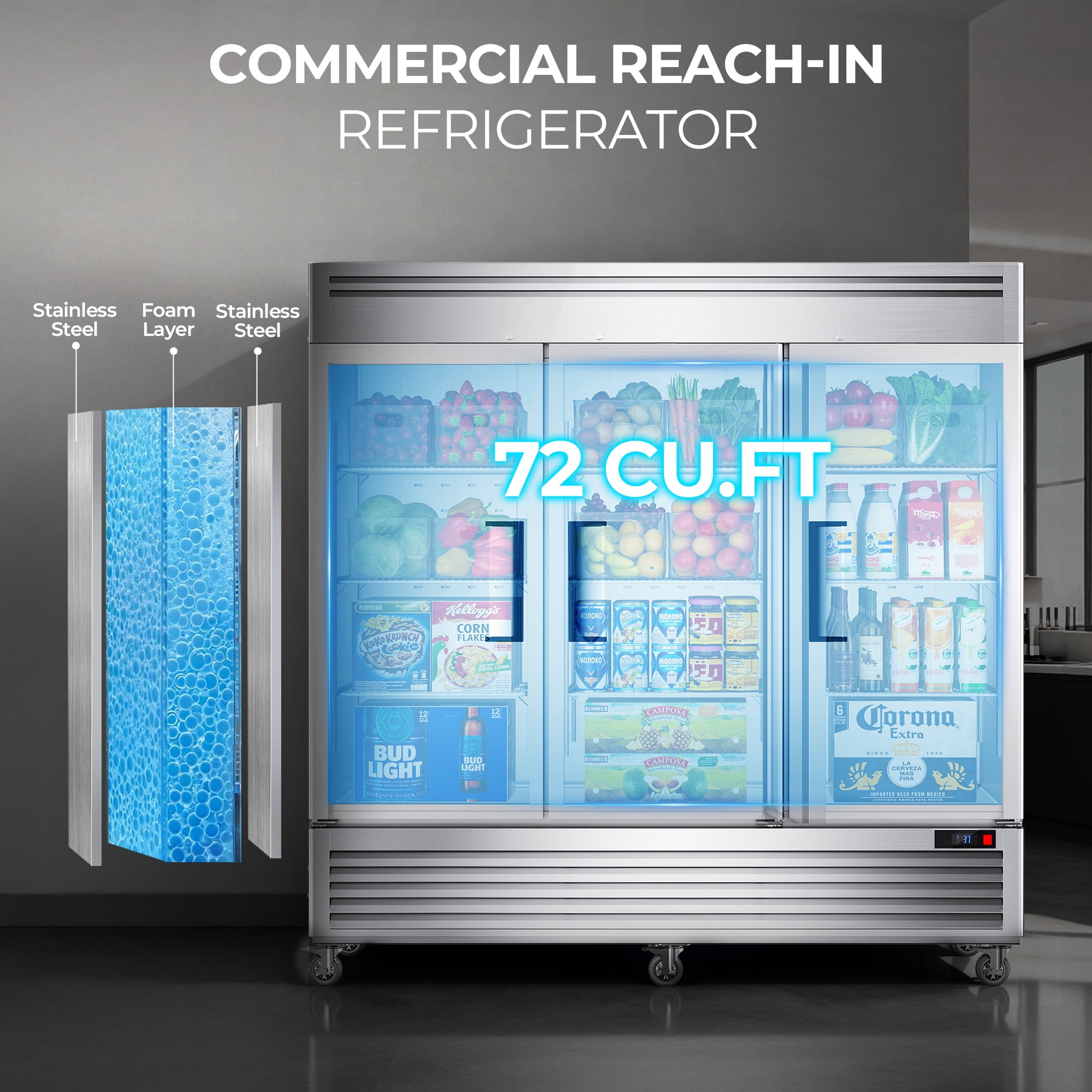 Coolake 82" Width Commercial Refrigerator 3 Solid Doors, 72 Cu.ft Stainless Steel Reach-in Upright Fridge with LED Lighting, Fan Cooling Refrigerator for Restaurant Cafe Hotel Kitchen Prep Area