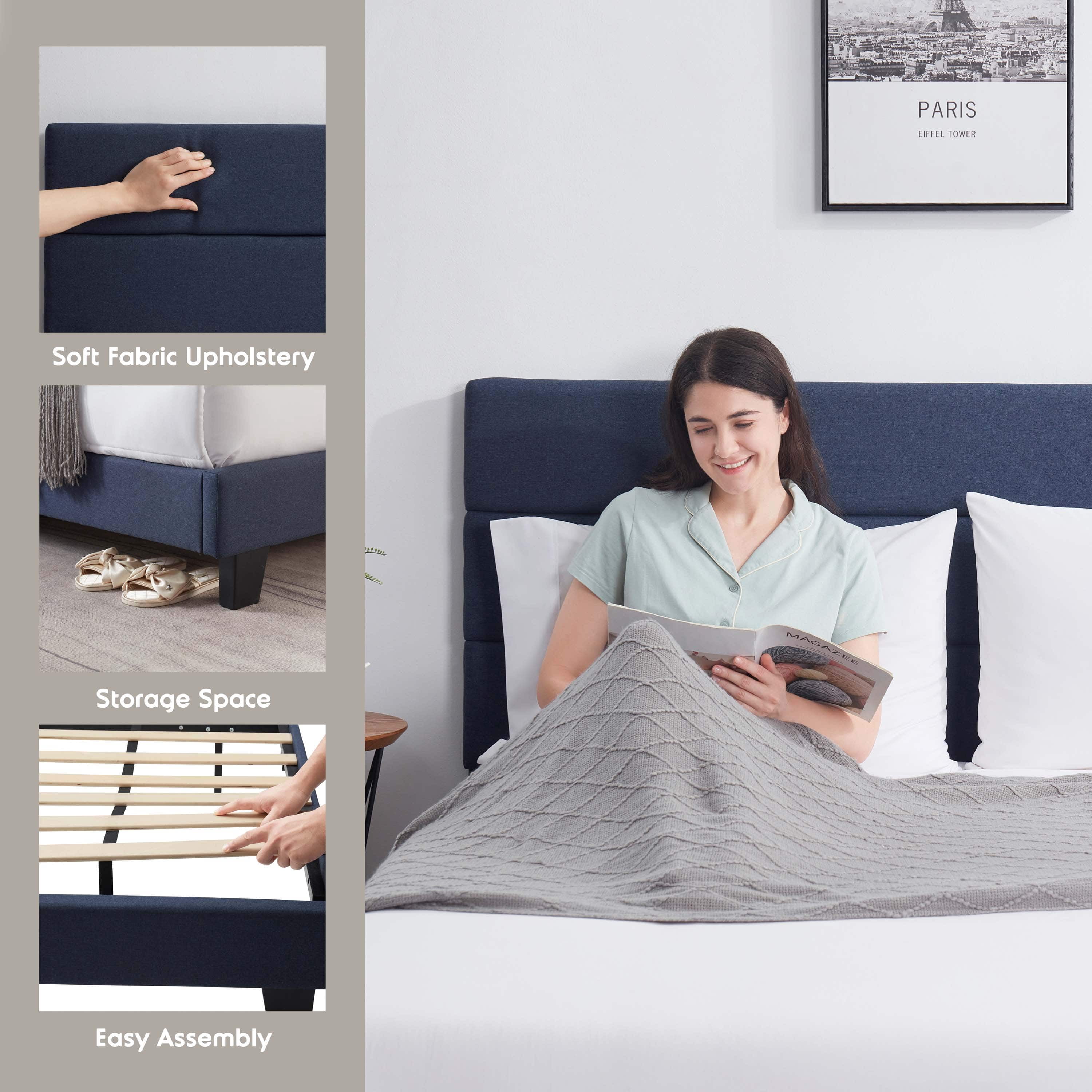 Lammaloe King Size Platform Bed Frame with Horizontal Channel Upholstered Headboard, Navy, King
