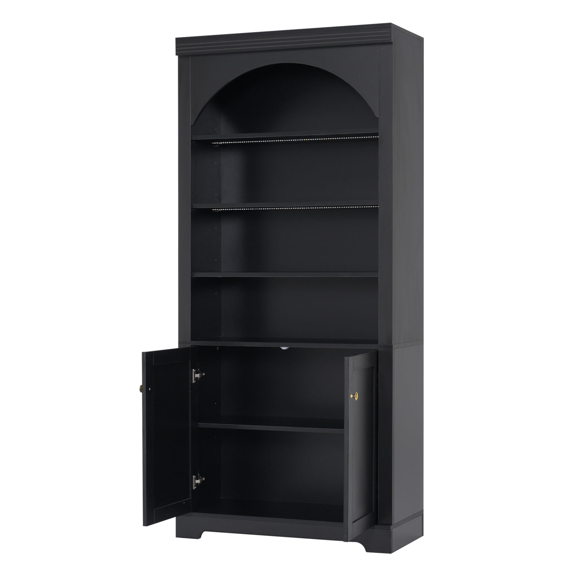 GDF Studio Arbor Arched Bookshelf with LED Lighting, Storage Cabinet & Adjustable Shelves for Home Office, Black, Set of 2