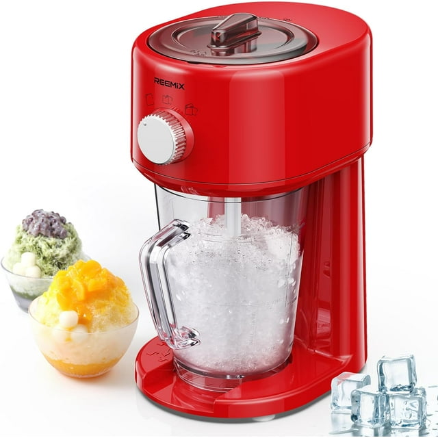 Reemix Machine à Glace Pilée, Rasoir à Glace Électrique et Machine à Cônes de Neige avec Grande Capacité de Stockage, Broyeur à Glace Portable Épaisseur de Glace Réglable (Rouge)