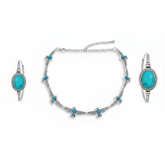 Bling Jewelry Womens Choker Necklace and Compressed Turquoise Hoop Earrings Jewelry Set
