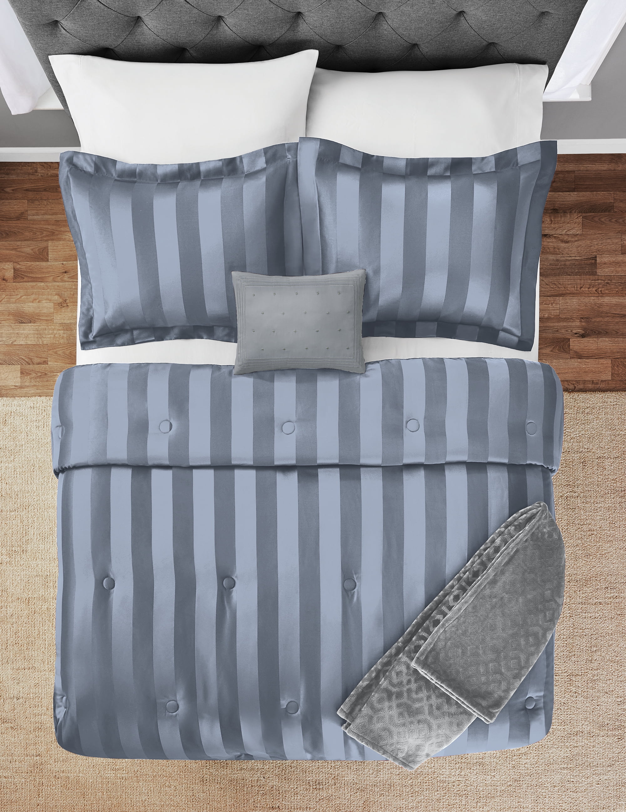 Mainstays 5-Piece Blue Damask Stripe Comforter Set, Full/Queen