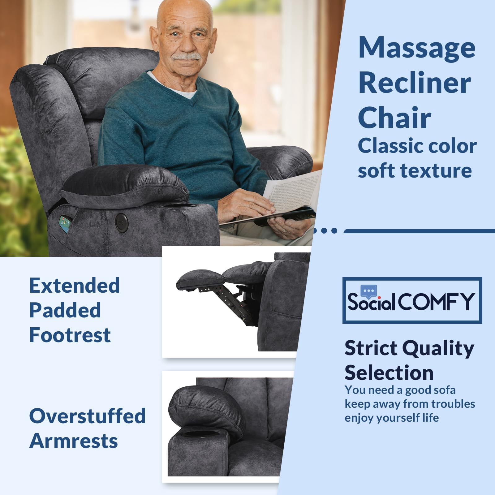Manual Swivel Glider Rocker Recliner Chair with Heated Massage, 360° Swivel Overstuffed Lounge Chair with 2 Cup Holders, Side Pockets & USB Ports for Living Room, Fabric Gray
