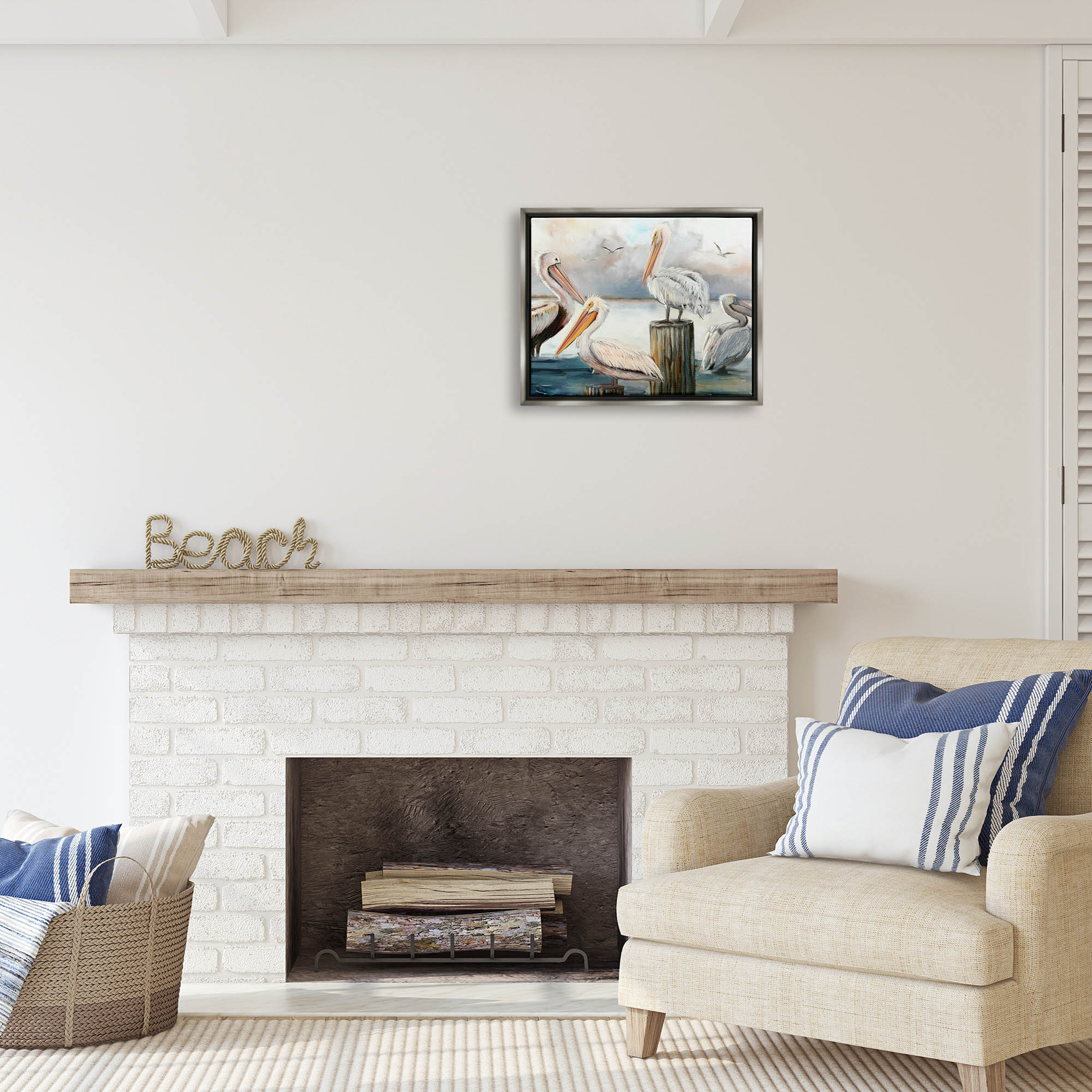 Stupell Industries Pelicans Perched Cloudy Horizon Coastal Painting Gray Floater Framed Art Print Wall Art