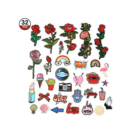 Prohouse Artistore Iron On Patches 31pcs Assorted Size Rose Cartoon Embroidered Motif Applique Decoration Patches DIY Sew on Patch for Jeans Clothing