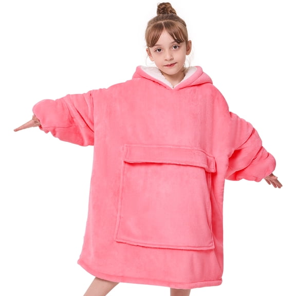 XIECUVA Wearable Blanket Hoodie for Kids, Soft Double Layer Sherpa Fleece Sweatshirt,Teen Gifts for Kids, Youth, Boys, Girls, One Size, Pink