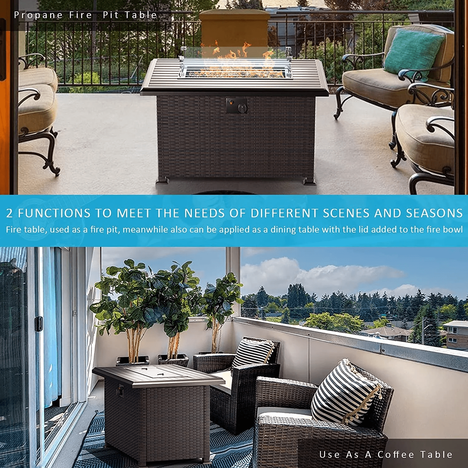 43.3" Rattan Propane Fire Pit Table - Auto-Ignition 55,000 BTU Rectangle Gas Fire Table with Windshield & Weather Cover, Outdoor Heater for Patio Garden ,Brown
