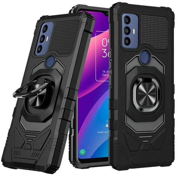 For TCL 30 SE 6165H Robotic Ring Hybrid Kickstand Phone Case Cover - Black