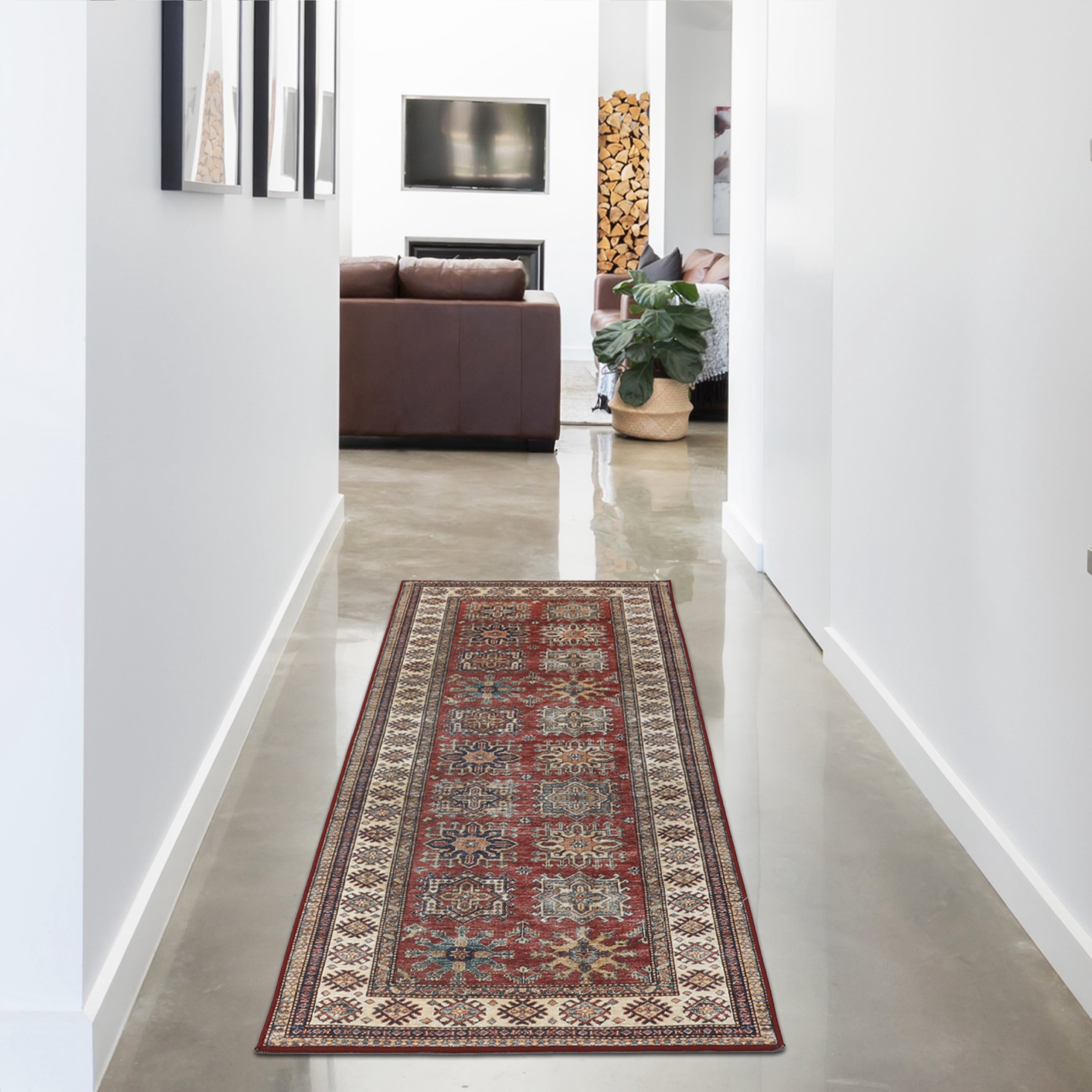 Washable Skid-Resistant Runner Rug Geometric Red 24" x 60"