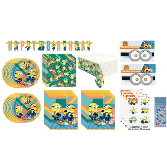 Despicable Me Birthday Party Supplies Decoration Favor Bundle for 16 includes 16 Lunch Plates, 16 Lunch Napkins, 1 Table Cover, 1 Birthday Banner, 16 Loot Bags, 16 Paper Goggles, 24 Tattoos
