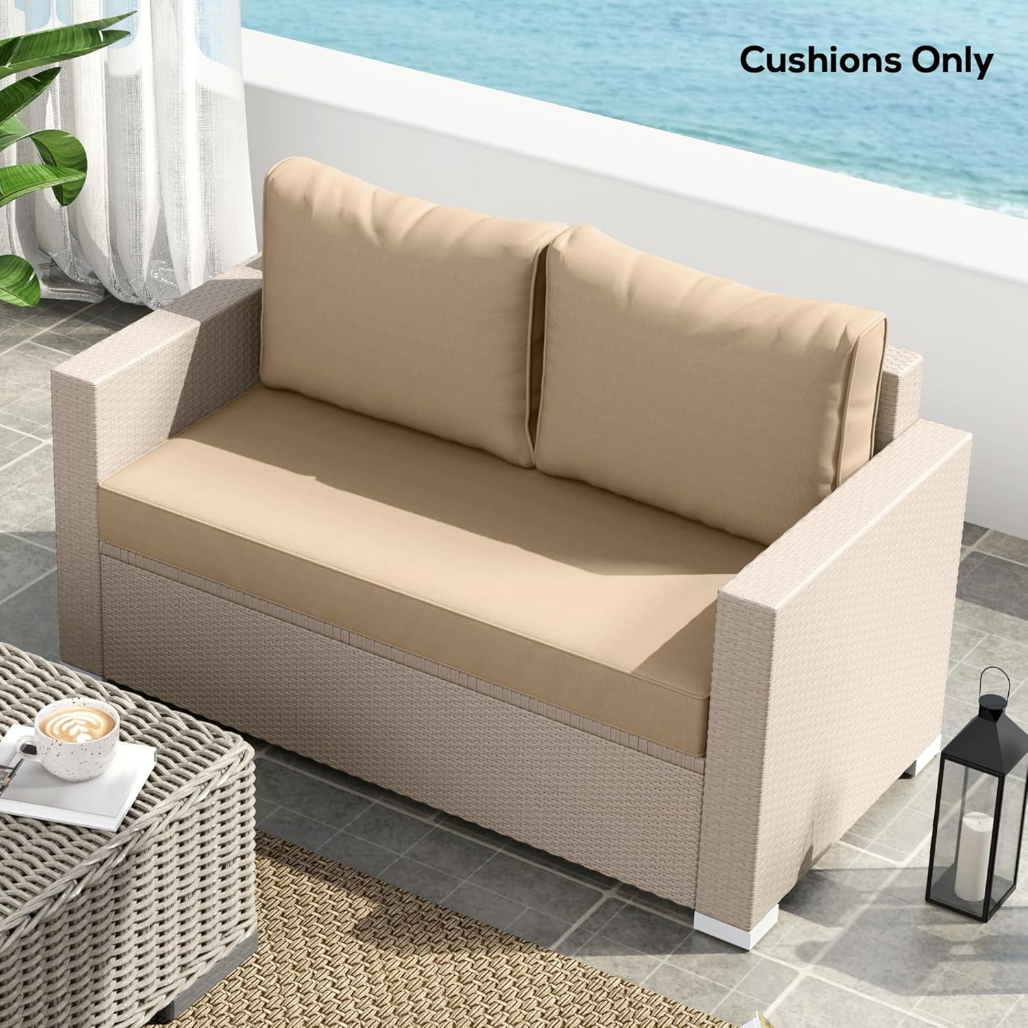 YLLN Outdoor Loveseat Cushion Set, 48 x 24 inch, Waterproof Outdoor loveseat Cushions with Removable Cover, Patio Furniture Cushions, Khaki