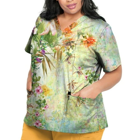

Sksloeg Scrub Tops for Women Vintage Flower Printed Tops Nursing Working Uniform Short Sleeve V-Neck T-Shirts with Pockets Green XXXL