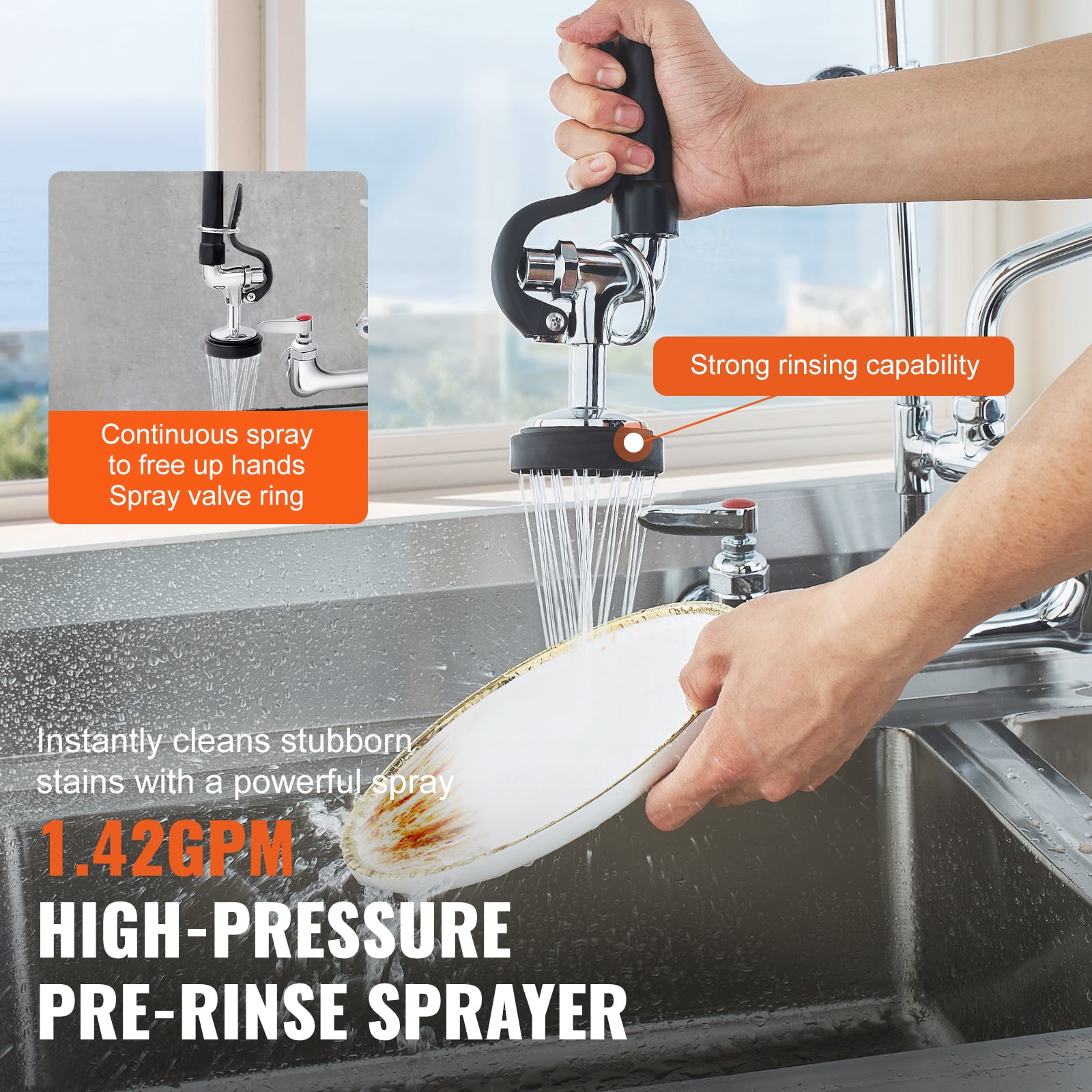 KFFKFF 21" High Commercial Kitchen Wall Mount Sink Faucet Pre-Rinse Sprayer