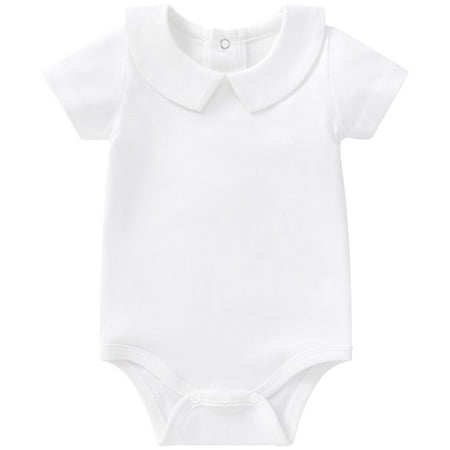 

pureborn Baby Boys Girls Bodysuits Unisex Short Sleeve Peter Pan Collar Summer Cotton Romper White 6-9 Months