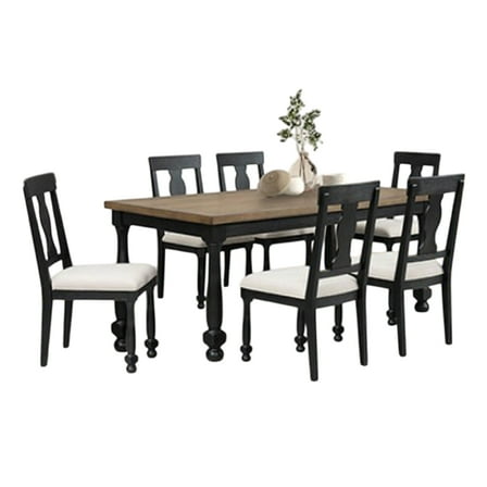 Ginie 7pc Dining Table Set, 6 Chairs, Farmhouse Legs, Black Rubberwood