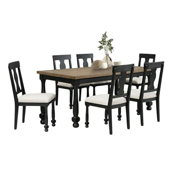 Ginie 7pc Dining Table Set, 6 Chairs, Farmhouse Legs, Black Rubberwood