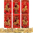 thumbnail image 1 of Ensemble de 6 Enveloppes Rouges du Nouvel An Chinois - Cadeaux d'Enveloppes Rouges de l'Année du Cheval 2026, Décorations du Nouvel An Lunaire, pour Attirer la Richesse et la Bonne fortune pendant le Festival du Printemps, Sacs d'Argent I Ching., 1 of 5
