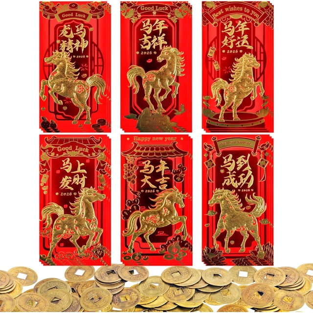 Ensemble de 6 Enveloppes Rouges du Nouvel An Chinois - Cadeaux d'Enveloppes Rouges de l'Année du Cheval 2026, Décorations du Nouvel An Lunaire, pour Attirer la Richesse et la Bonne fortune pendant le Festival du Printemps, Sacs d'Argent I Ching.
