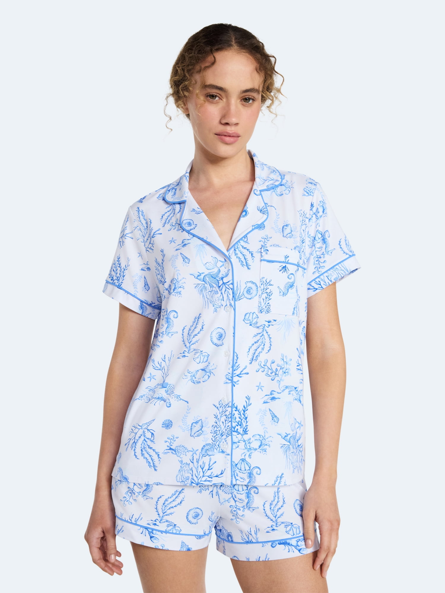 Joyspun Women’s Mommy and Me Notch Collar Top and Shorts Family Matching Pajama Set, Sizes XS-3X