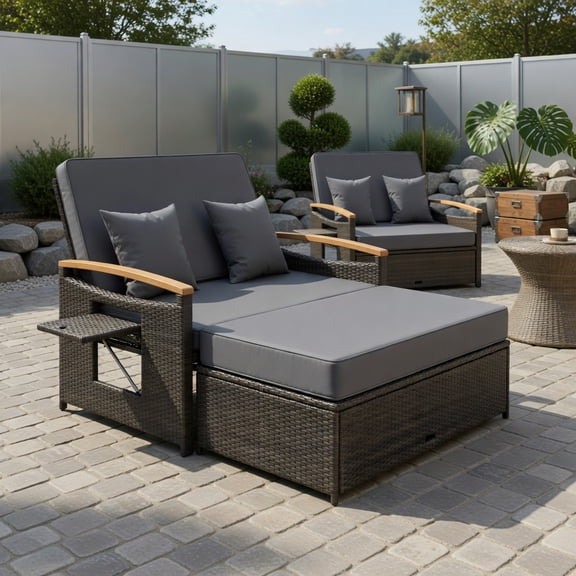 Outdoor Wicker Daybed Set with Adjustable Backrest, Storage Ottoman & Weather-Resistant Cushions – Gray/Brown PE Rattan Patio Loveseat for Backyard, Deck or Poolside