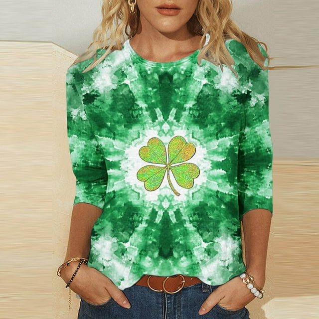 Mceream T-Shirt de la Saint-Patrick à Manches 3/4 pour Femme, Blouses à Col Rond, Décontracté, Vacances, Trèfle Irlandais, T-Shirts Graphiques, Tunique d'Été Amusante, Hauts de Festival, Grande Taille, Vert, P