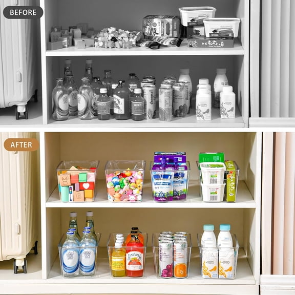 12 Pack Clear Plastic Storage Bins with Handles, Pantry Cabinet Organizer for Fridge, Kitchen, and Closet