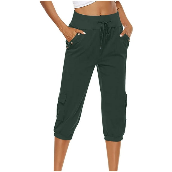 Hicidod Capris Pants for Womens High Waist Drawstring Comfy Casual Pants Cotton Linen Loose Trousers Buttons Trim with Pockets