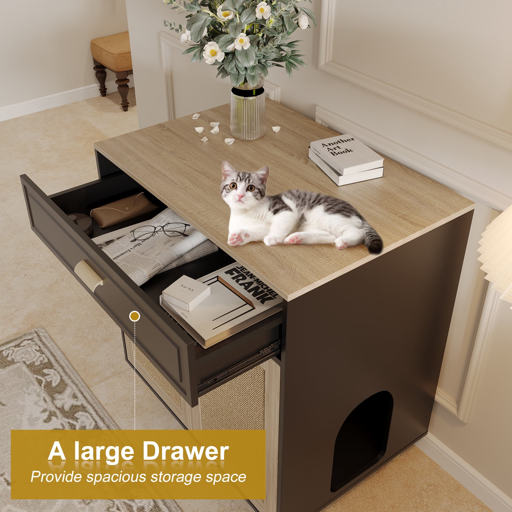 Faceket Large Hidden Indoor 2-in-1 Cat House and Washroom Cabinet Wooden Cat Litter Box Furniture with Scratching Board Doors and Drawer, Black