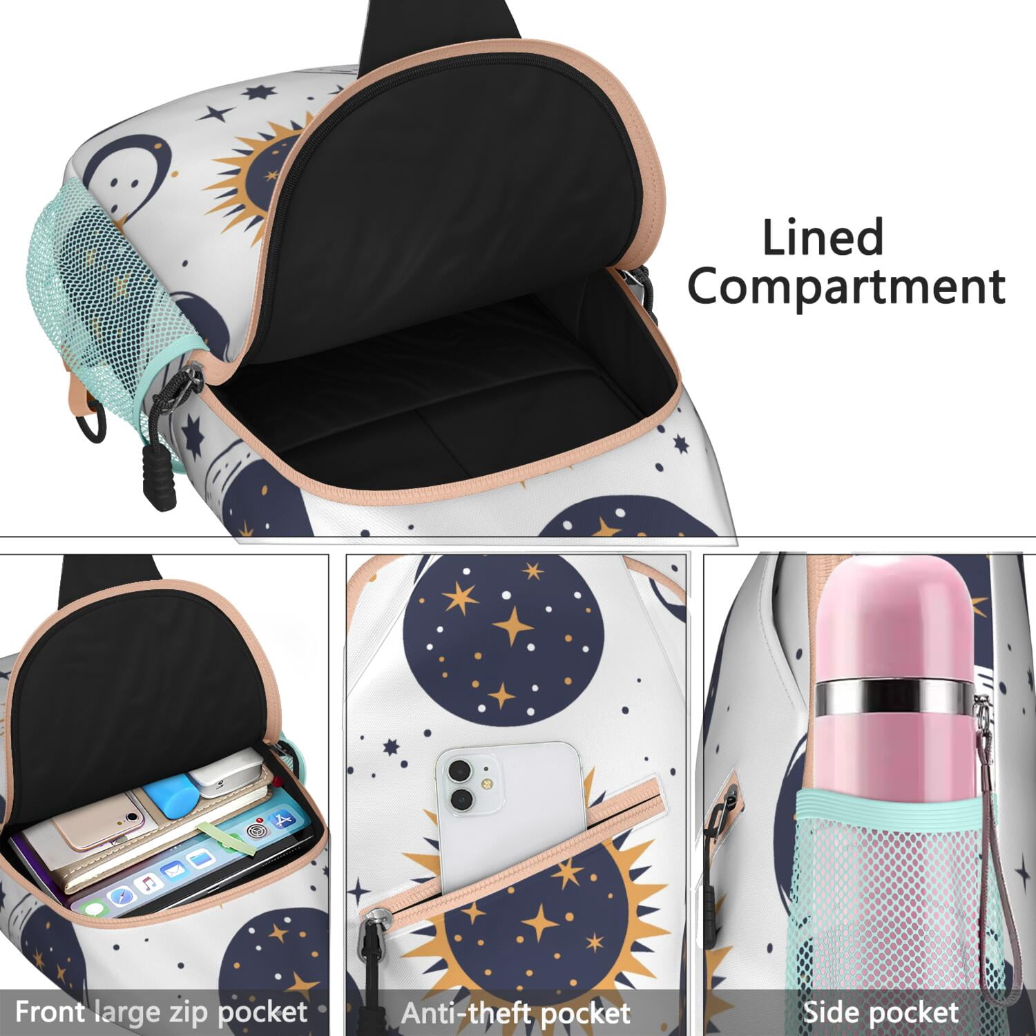 Celestial Sling Bag for Men & Women Gothic Black and Gold Moon Crossbody Bag with Anti-Theft Design Spacious Travel Daypack for Hiking, Biking, Outdoor Adventures