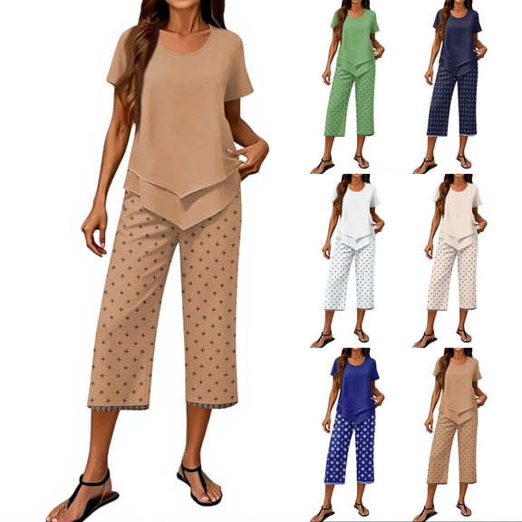 Womens Lounge 2 Piece Outfits Short Sleeve Tiered Tops Floral Print Wide Leg Capri Pants Summer Travel Outfits