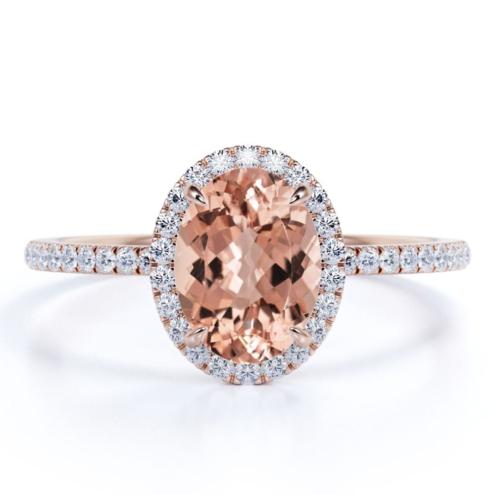 JeenMata 1.50 Carat Oval Cut Peach created Morganite and Moissanite Halo Pave Set Engagement Ring in 18K Rose Gold over Silver