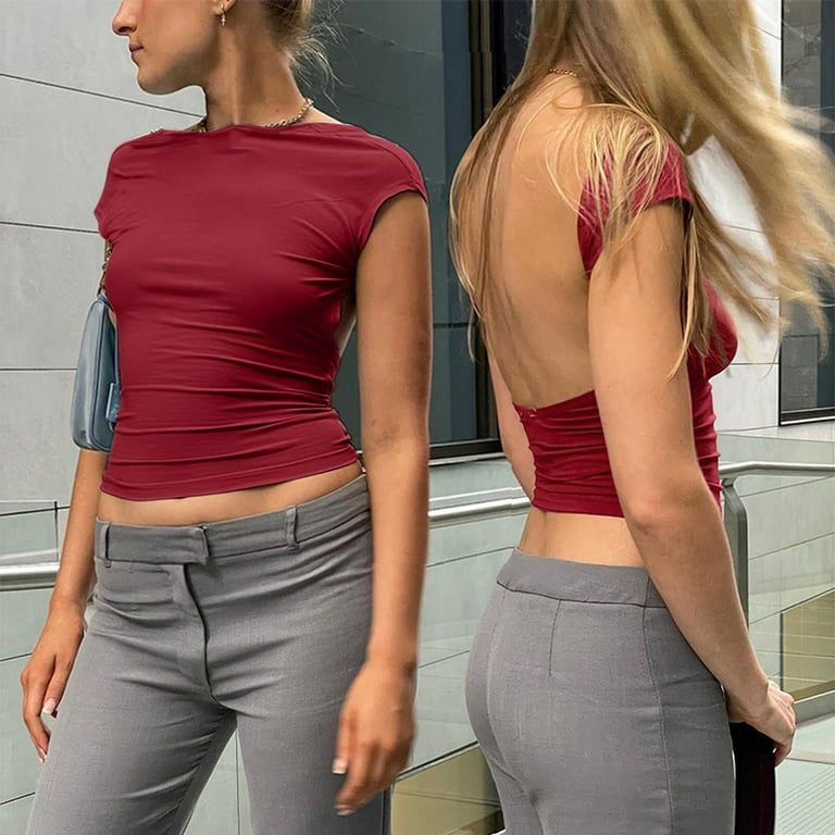 Business Casual Clothes Women s Fashion Solid Backless T Shirts Crop Top Casual Short Sleeve Short Top Walmart