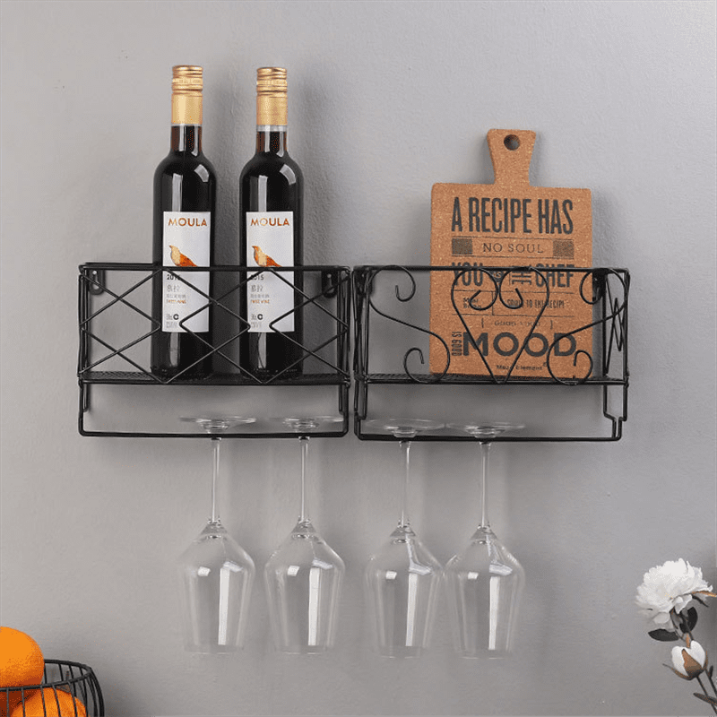 Wine Bottle Rack Wall Mounted Hanging Iron Holder 3 Bottles 4 Glass Display Blk