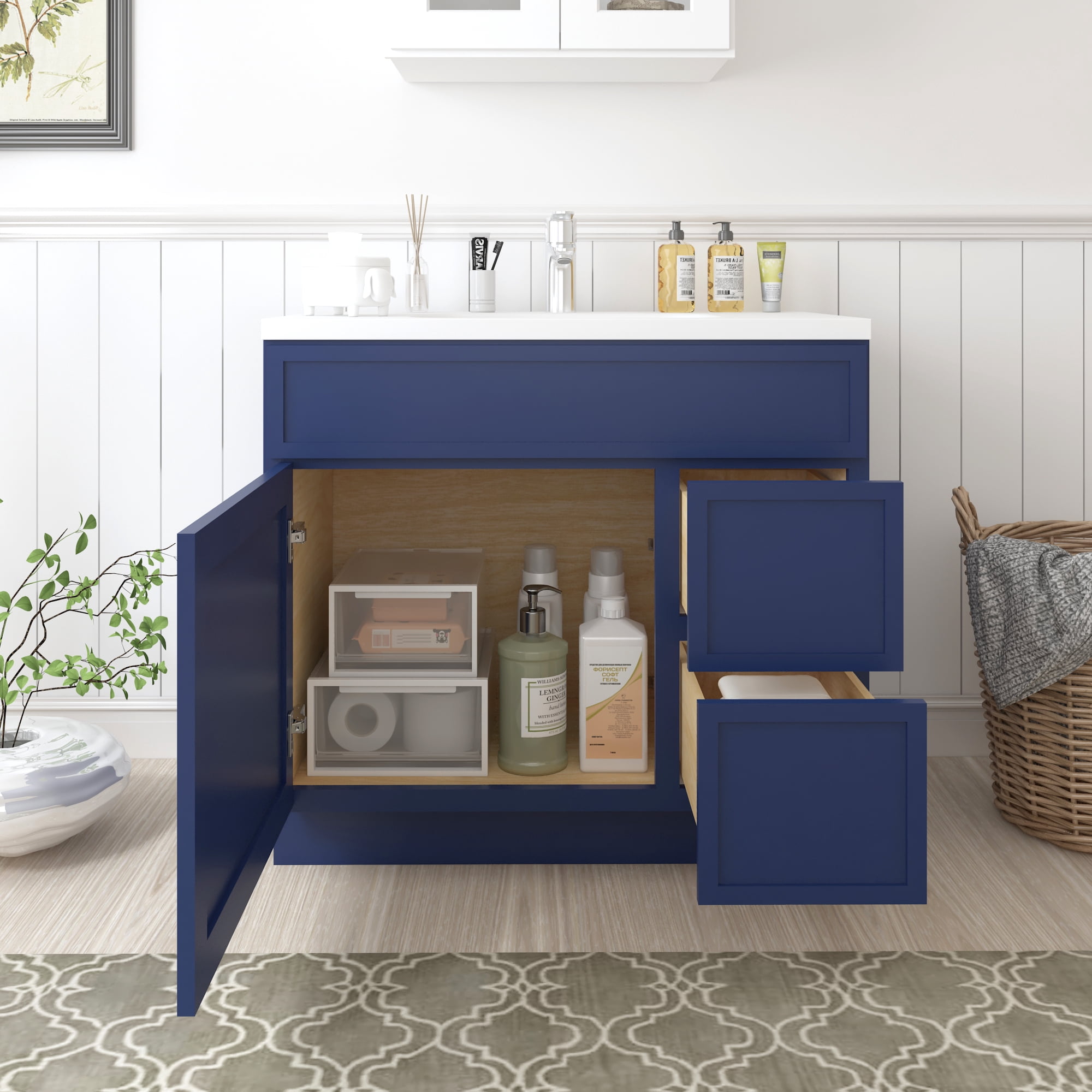 Vanity Art 36" W Birch Plywood Freestanding Single Base 2 Drawers Storage Cabinet with Soft Close Door