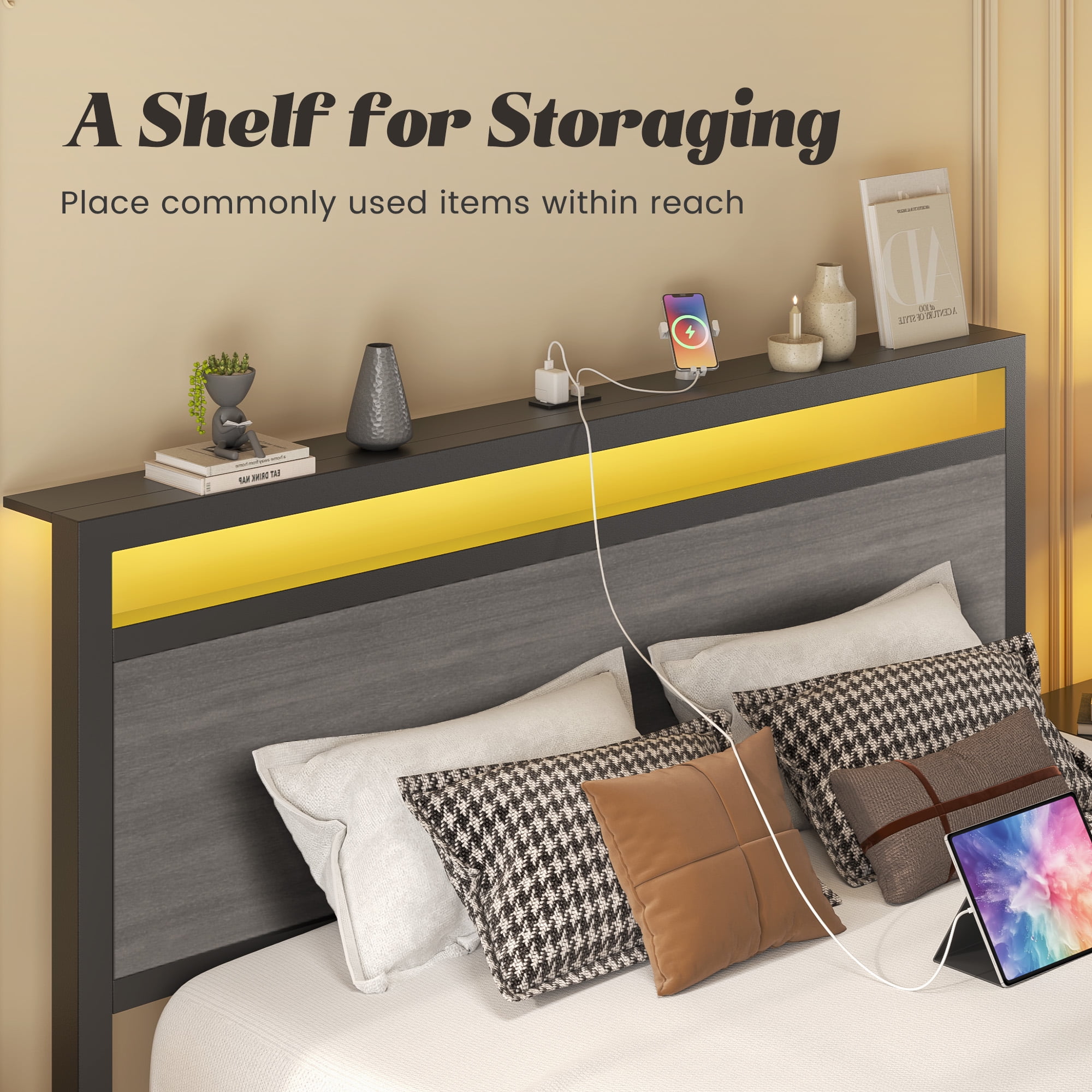 Full Bed Frame with Storage Headboard & Storage Drawer, Charging Station & LED Light, No Box Spring Needed, Noise Free, Easy Assembly, Gray