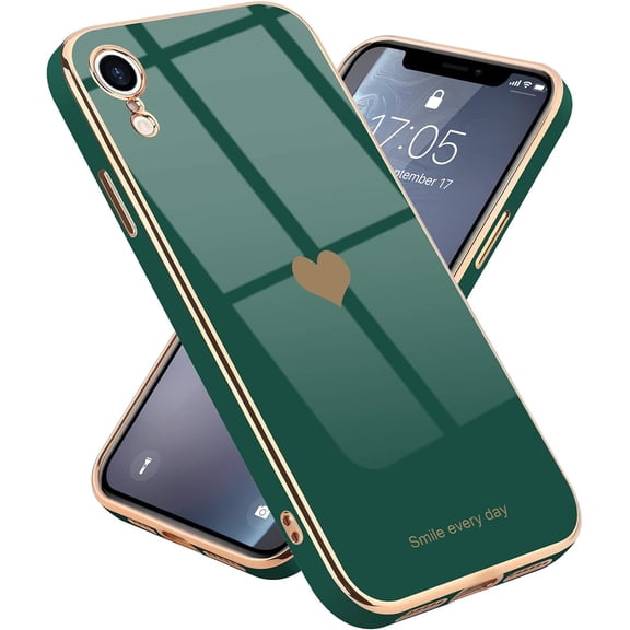 Compatible with iPhone Xr Case,Women Girsl Cute Love Heart Plating Design Protective Bumper with Camera Lens Cover Slim Shockproof Silicone Soft Phone Case for iPhone Xr Green
