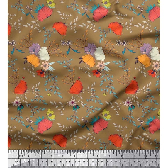 Soimoi Satin Silk Fabric Leaves & Floral Artistic Print Sewing Fabric Yard 42 Inch Wide