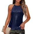 thumbnail image 3 of Womens Sequin Halter Top Sleeveless Sparkle Tank Tops Glitter Dressy Shirts Evening Clubwear Cocktail Party Camisole Tops,Dark Blue XXL, 3 of 6