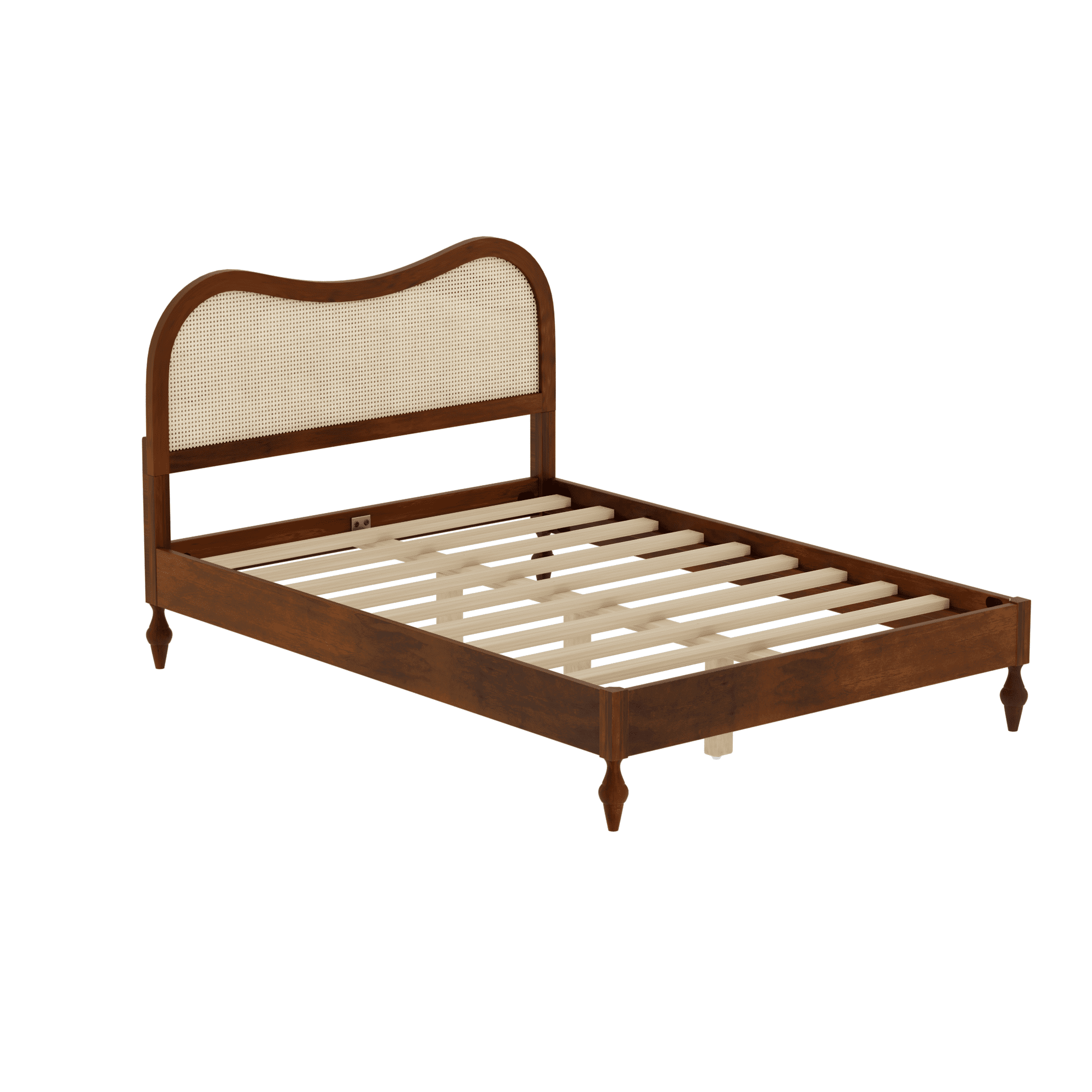 Euroco Queen Size Mid-Century Wood Platform Bed with Curved Rattan Cane Headboard, Scandinavian Natural Style Bed, No Box Spring Needed, Walnut