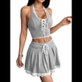 thumbnail image 1 of Conjunto de Pijama de 2 Piezas para Mujer, Sin Mangas, con Top Corto y Pantalones Cortos, con Ribete de Encaje Gris M, 1 of 9