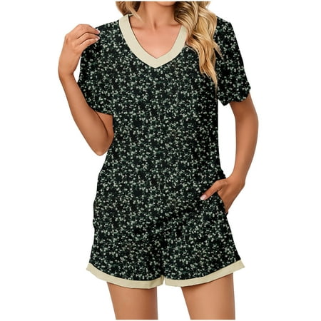 

BLVB Women s Plus Size Pajamas Casual Printed V Neck Short Sleeve Tops and Shorts Lounge Sets Sleepwear Pjs with Pockets