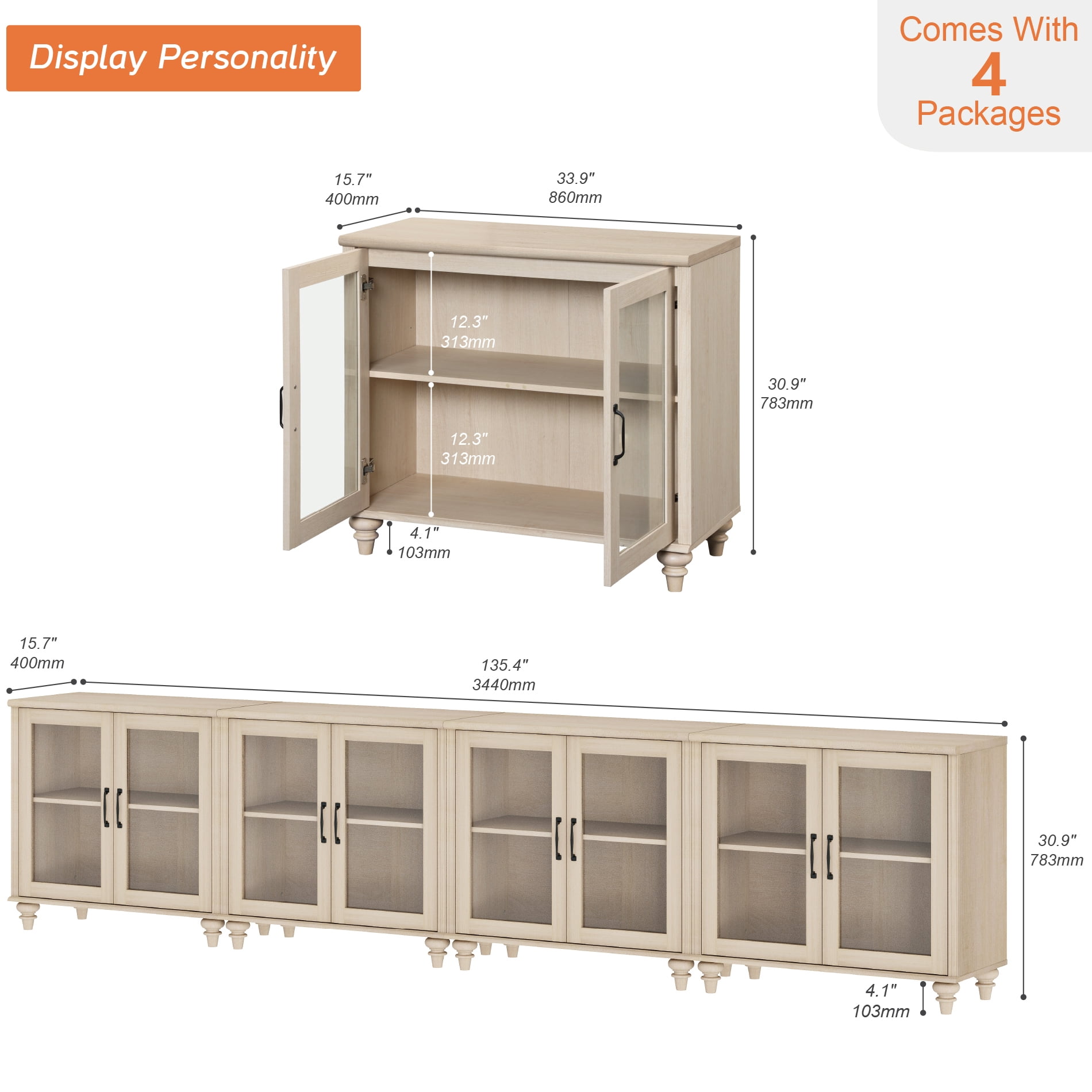 100" TV Stand, Ample Storage Cabinet with 8 Glass Doors, Wooden Entertainment Center Storage Cabinet for Living Room or Dining Room or Bedroom, Beige
