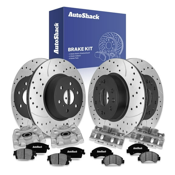 AutoShack Front & Rear Brake Rotors, Ceramic Pads & Calipers for Chevrolet, Silverado 1500 2014-2018, 4WD RWD V6 4.3L V8 5.3L 6.2L - E-Coated Drilled & Slotted - ShadowGuard