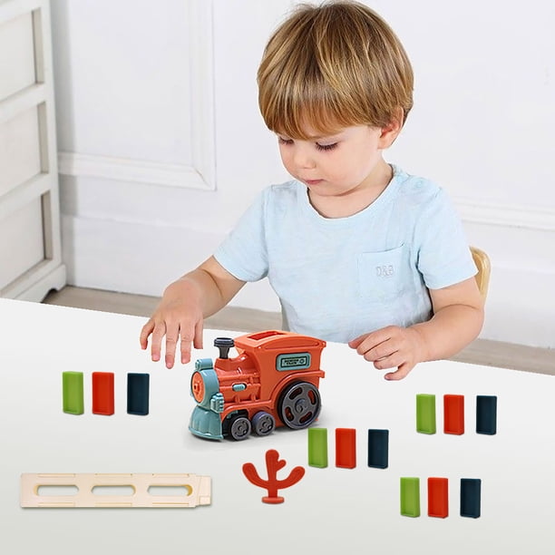 Fiudx Juego de Tren de Dominó, Juguete de Rompecabezas de Dominó Automático, 60 Dominós de Colores Incluidos, Efectos de Sonido y Luces de Simulación, Diversión para El Aprendizaje Temprano, Regalo P