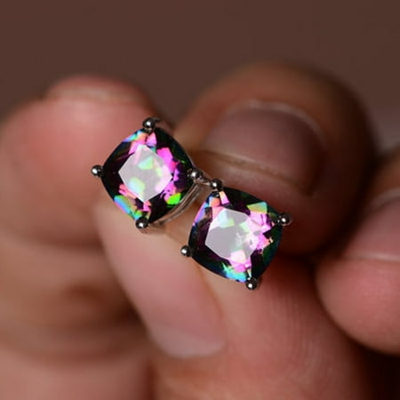 Rainbow Mystic Topaz Heart - Outtop Women's Silver Earring Princess Cut Mystic Rainbow Engagement Diamond Jewelry